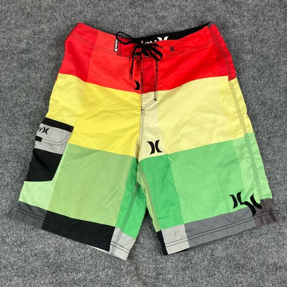 Hurley Men’s Board Shorts Size 32 Colorblock Red Yellow Green Drawstring Shorts - Picture 1 of 8